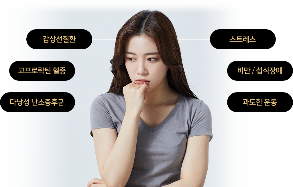 갑상선질환, 스트레스, 고프로락틴 혈증, 비만 / 섭식장애, 다낭성 난소증후군, 과도한 운동